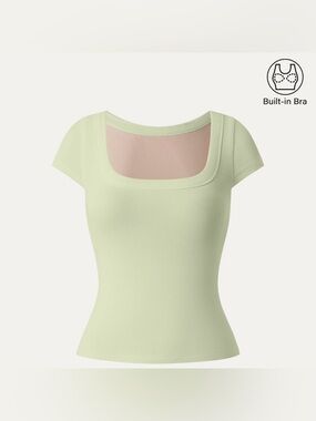 Stretch Cotton Square Neck Cap Sleeve Bra Top - Pistachio